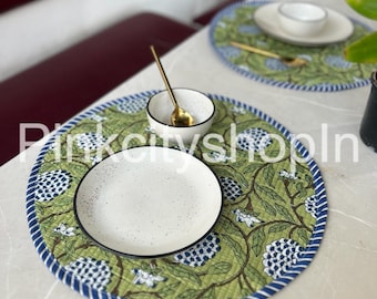 Block Print Round Placemats: Blue Berry Fabric, Set of 2