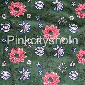 Grüner Baumwollstoff mit Blumenmuster, indischer handgemachter Baumwollstoff, 100 % Baumwollstoff, Kleid, Oberteile, Hemd, Rock, Tischtuch