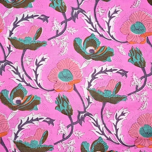 Hand Block Print Cotton Fabric: Pink Floral Dress Material