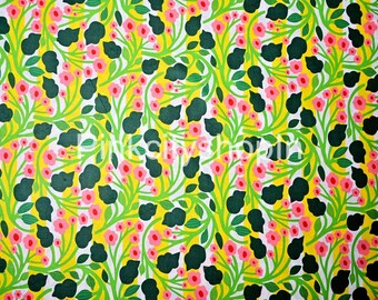 May include: A repeating pattern of pink flowers and green leaves on a yellow and white striped background.