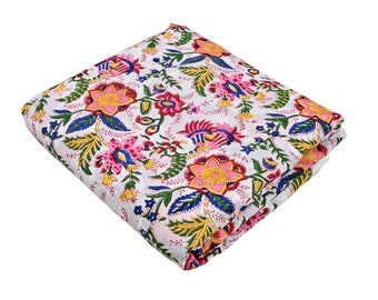 Hand Block Printed Cotton Fabric: Rainbow Floral Print, 42 Inch Wide