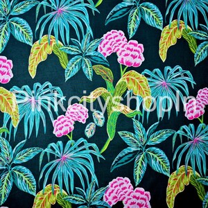 May include: A dark blue fabric with a tropical print featuring pink flowers and green leaves.