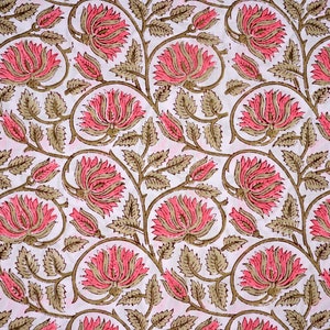 Hand Block Print Cotton Voile Fabric: Floral Bird Design
