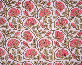Hand Block Print Cotton Voile Fabric: Floral Bird Design