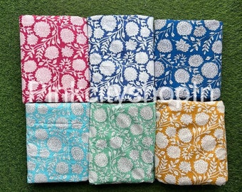 Hand Block Printed Floral Cotton Fabric: Indian Dress Making Fabric By The Yard