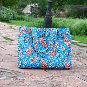 Handmade Quilted Cotton Tote Bag: Reversible Turquoise Paisley Print