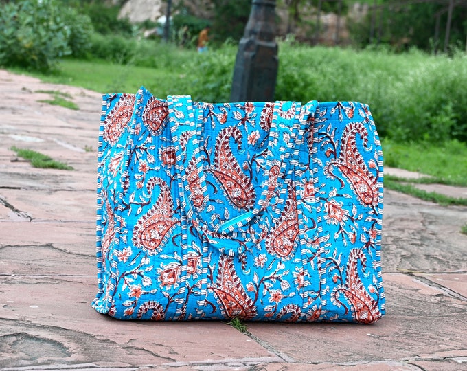 Quilted Cotton Handprinted Reversible Large Spring Turquoise Tote Bag Eco friendly Sustainable Sturdy Grocery Shopping  Handmade Artist Boho