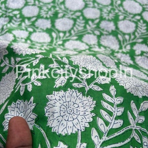 Hand Block Floral Print Fabric: Green Indian Cotton Dress Material