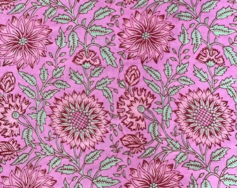 Flower Cotton Indian Fabric Summer Sewing Fabric Dressmaking Hand Printed Running Fabric, Floral Print Voile Fabric, Block Print Voile