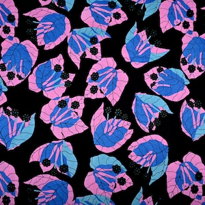 Black Leaf Cotton Fabric: Blue & Pink Floral Print Dressmaking
