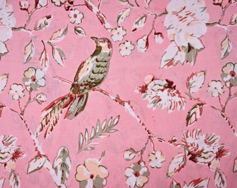 Indian Cotton Bird Print Fabric: Hand Block Printed Pink & Navy, By The Yard