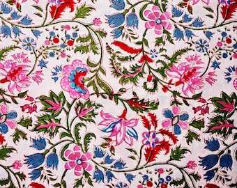 Floral Hand Block Print Cotton Fabric: Rainbow Dress Fabric By The Yard