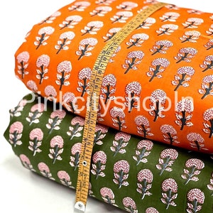 Floral Block Print Cotton Fabric: Orange & Green Dress Material By The Yard