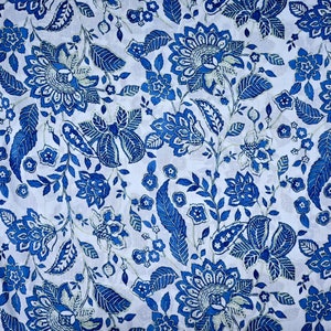 Handmade Block Print Cotton Fabric: Blue Floral Fabric By The Yard