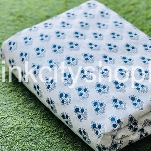 Blue Floral Cotton Fabric: Hand Block Print, Quilting Fabric By The Yard