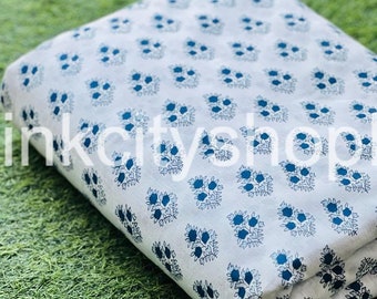 Blue Floral Cotton Fabric: Hand Block Print, Quilting Fabric By The Yard