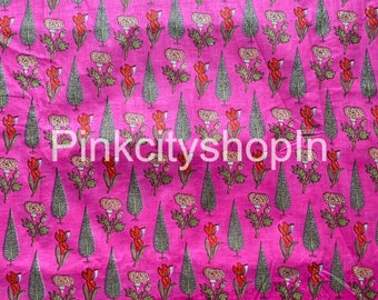 Pink Floral Cotton Fabric: Handmade Screen Print Fabric By The Meter
