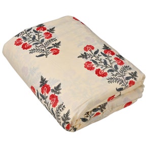 Mughal Block Print Cotton Fabric: Red Floral Dress Making Cloth