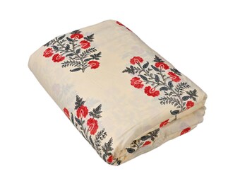 Mughal Block Print Cotton Fabric: Red Floral Dress Making Cloth