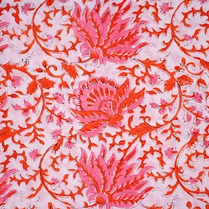 Hand Block Printed Cotton Fabric: Indian Floral Design, 42&quot; Wide