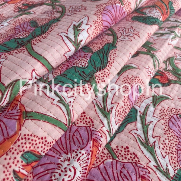 Pink Flower Block Print Quilted Fabric, Quilted Jacket Fabric, Home Decor Cotton Fabric, Fabric By The Yard, Unique Fabric