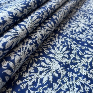 Blue floral hand block print fabric, soft cotton fabric by the yard, Sewing material, dress making fabric, crafting fabric
