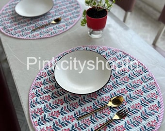 Indian Block Printed Cotton Placemat: Quilted Table Mat, Set of 2