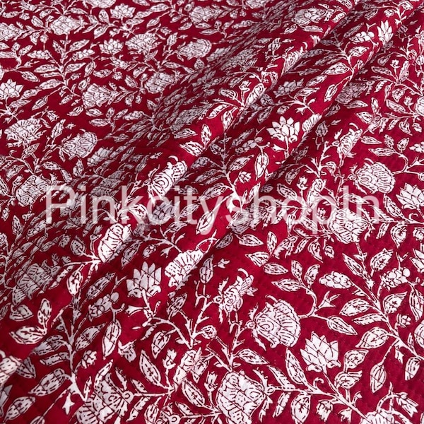 Red Floral Block Print Fabric: Indian Quilted Cotton By The Yard