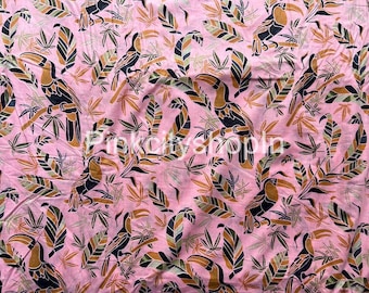Pink Bird Cotton Fabric: Screen Print Dress Making Fabric