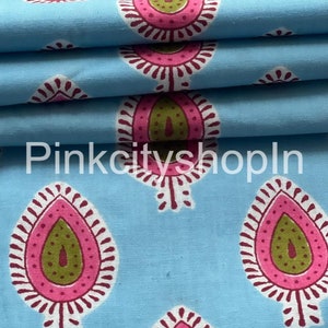 Hand Block Print Cotton Fabric: Turquoise Floral Sewing Material