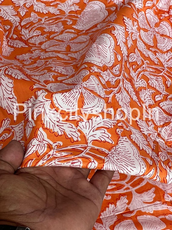 orange cotton dress material Orange Floral Block Print Fabric: Indian Cotton Dress Material