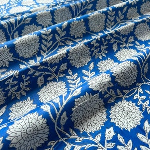 Hand Block Printed Blue Floral Cotton Fabric: Indian Fabric By The Yard