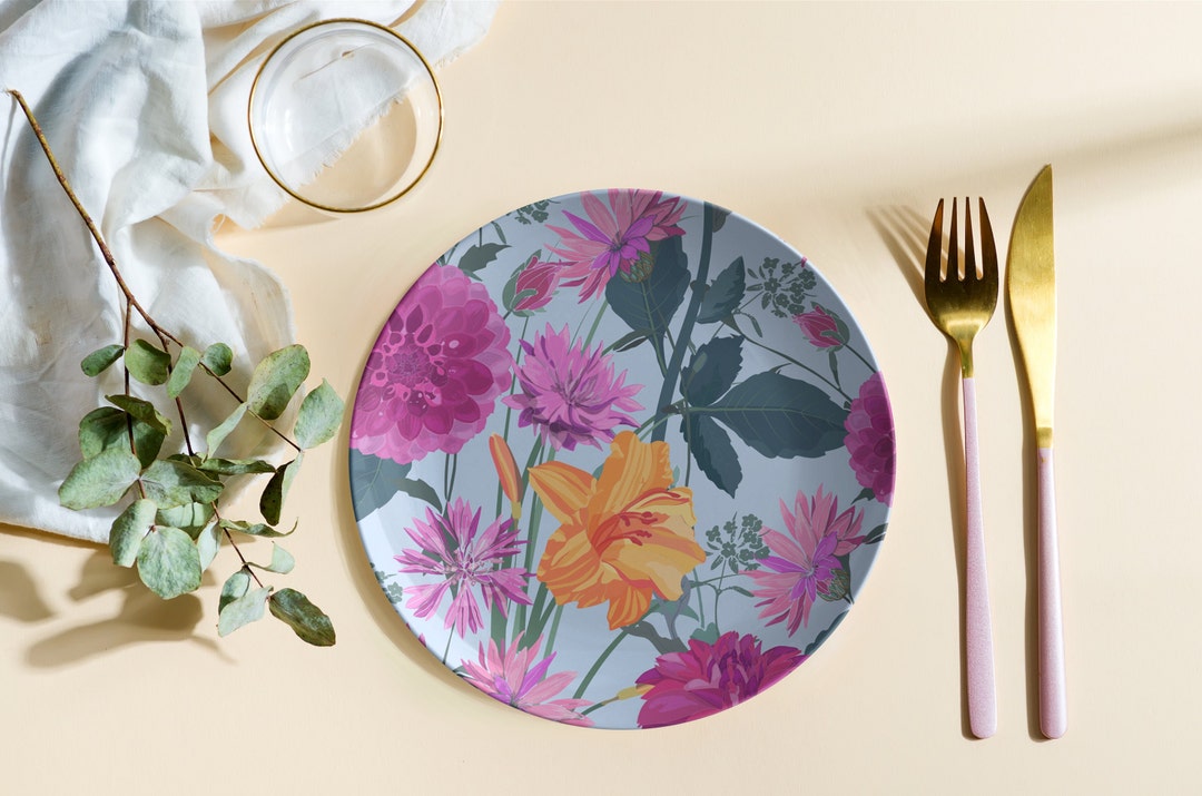 Pink and Orange Floral Dinner Plate Flower Dinner Plates Etsy