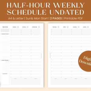 Undated Hourly Weekly Planner Printable | Week on 2 Pages Organizer | Half-Hour Time Blocking Schedule | Mon or Sun Start | A4 & Letter PDF