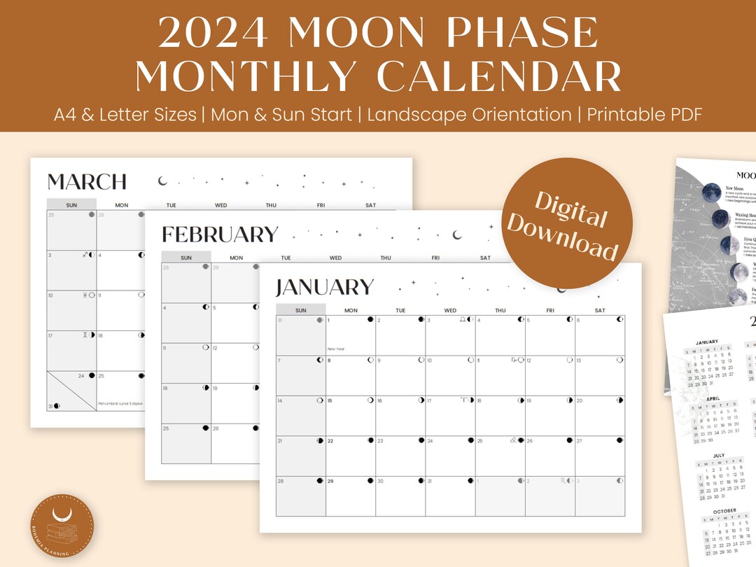 Moon Phase 2024 Calendar Printable Lunar Landscape Monthly Inserts