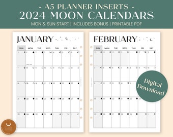 A5 2024 Moon Phase Calendars Printable | Lunar Monthly Calendar Ring Binder Inserts | Sunday & Monday Start PDF Download