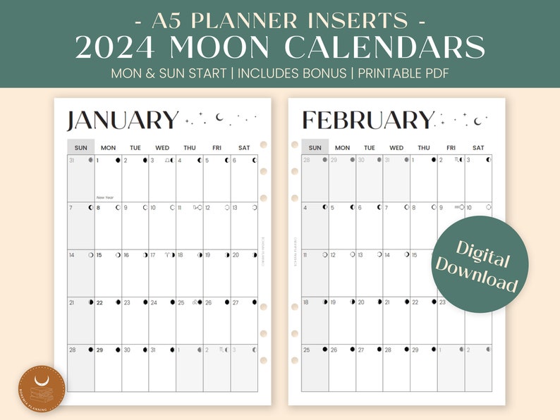 A5 2024 Moon Phase Calendars Printable Lunar Monthly Etsy