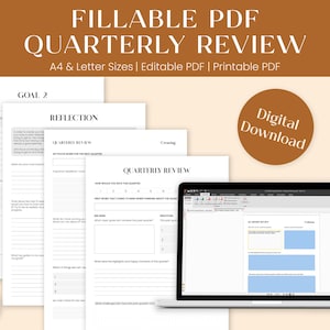 Plantilla para completar e imprimir con revisión trimestral / Reflexión de 3 meses y planificación de objetivos / Registro de 90 días en formato PDF para completar / Formato A4 y carta de EE. UU.