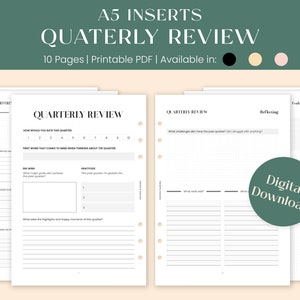 May include: A printable PDF quarterly review planner with 10 pages. The planner includes sections for reflecting, evaluating, and setting goals. The planner is available in black, beige, pink, and green.