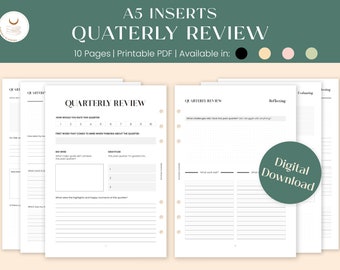 May include: A printable PDF quarterly review planner with 10 pages. The planner includes sections for reflecting, evaluating, and setting goals. The planner is available in black, beige, pink, and green.