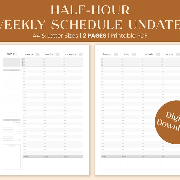 Half Hour Weekly Planner Printable | Week On 2 Pages Undated Organizer | Hourly Schedule for Time Blocking | Monday Start | A4 & Letter PDF