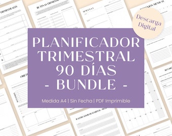 May include: A purple background with the text "PLANIFICADOR TRIMESTRAL 90 DÍAS - BUNDLE -" in white. Below the text is "Medida A4 | Sin Fecha | PDF Imprimible" in white. The image shows a collection of printable planner pages, including a weekly planner, a monthly planner, a habit tracker, and a goal setting page.