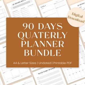 Planificador trimestral de 90 días para imprimir, diario de 3 meses para establecer objetivos / Agenda de 12 semanas sin fecha con revisión trimestral / Formato PDF A4 y carta de EE. UU.