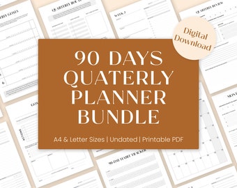 90 Days Quarterly Planner Printable, 3-Month Journal For Goal Setting | 12 Week Undated Agenda with Quarterly Review | A4 and US Letter PDF