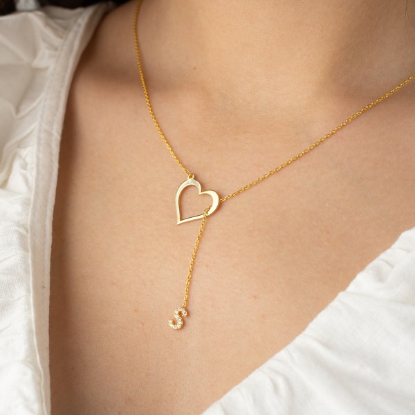 Personalized Initial Letter Heart Lariat Necklace, Initial Y Necklace, Dainty Gold Letter Lariat Necklace, Long Chain Initial Lariat Charm