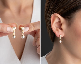 Dainty Gold Pearl Earrings, Tiny Dangle Pearl Drop Earrings, Minimalist Pearl Earrings, Gift For Her, Bridesmaid Earrings, Bridesmaid Gift