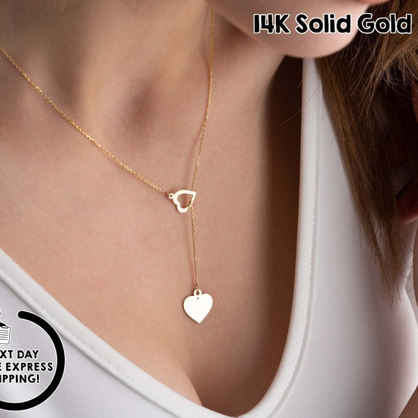 14K Solid Gold Heart Lariat Necklace, Hamsa Y Necklace, Dainty Gold Lariat Necklace, Circle Lariat Necklace With Dropping Bar, Gift For Her
