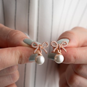 Crystal Bow White Pearl Drop Dangle Earrings for Women,Elegant Pearl  Earrings