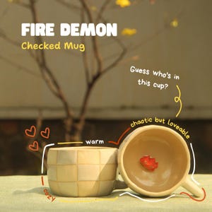 Pre-order Cute Fire Demon Characrer Plaid Mug,Adorable Anime Coffee Handmade Ceramic Mug,Tea Mug,Birthday Gift for Her, Valentine Gift