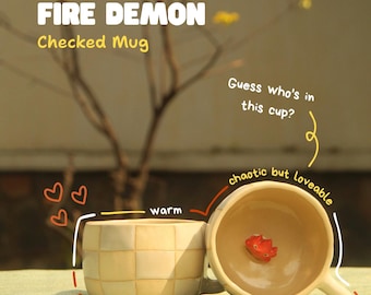 Pre-order Cute Fire Demon Characrer Plaid Mug,Adorable Anime Coffee Handmade Ceramic Mug,Tea Mug,Birthday Gift for Her, Valentine Gift